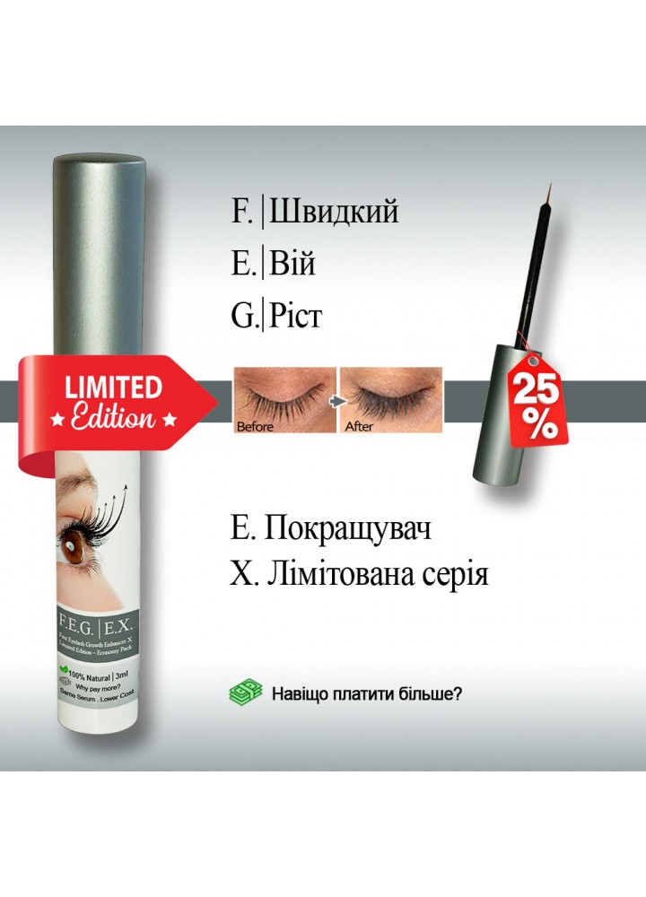 Сироватка Фег / FEG - (100% Оригінал, бюджетна формула) для росту вій та брів